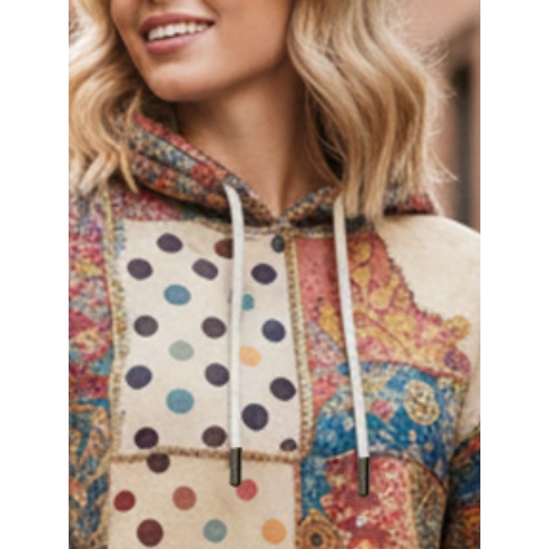 Women's Pullover Hoodies Plaid Polka Dot Fashion Streetwear Casual Long Sleeve Hooded Regular Tops Dailywear Casual Sports Drawstring Pocket Print Khaki Spring Fall2