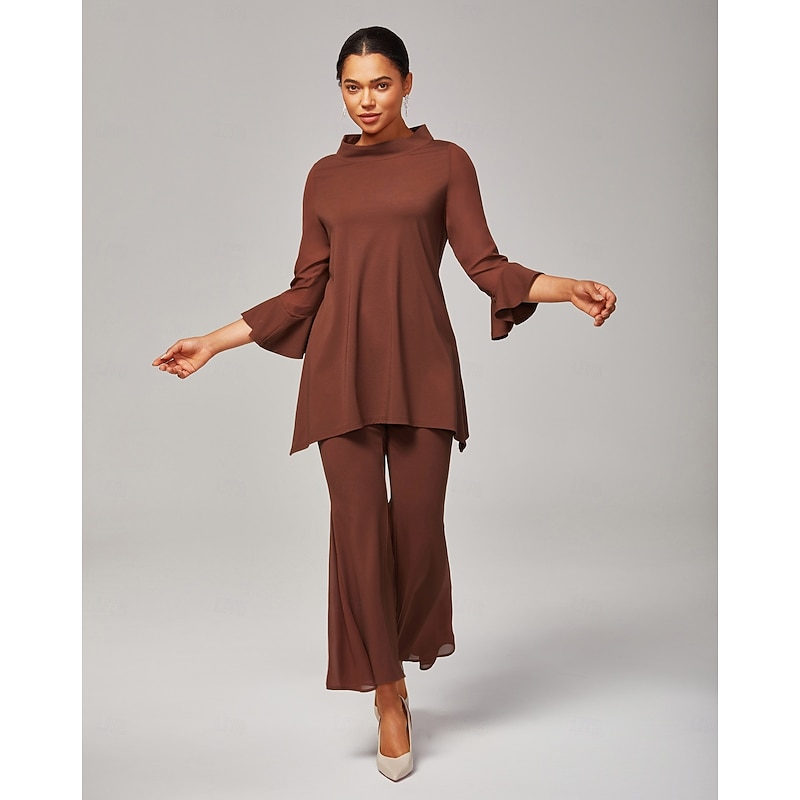 Women's Coffee Brown ButterFlex Modal Bell-Bottom Pants with WhisperFlow Chiffon Sheer Panels Flared Leg Stretch Waist Elegant Comfortable Daily Work Fall2