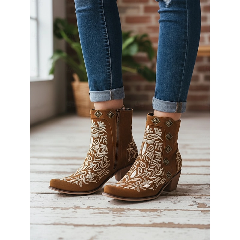 Women's Brown Embroidered Western Ankle Boots with Studded Details - Perfect for Casual Outings and Rodeo Events