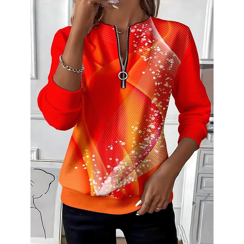 Women's Pullover Sweatshirt Zip Up Sweatshirts Graphic Geometric Color Block Fashion Casual Long Sleeve Crew Neck Regular Tops Street Dailywear Patchwork Zipper Print Red Fall Winter