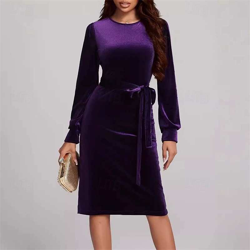 Women's Midi Dress Velvet Dress Cocktail Dress Elegant Fashion Modern Outdoor Party Party Evening Wear Regular Fit Plain Long Sleeve Crew Neck Black Red Blue Purple Spring Autumn4