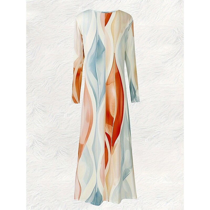 Women's Maxi Dress A Line Dress Casual Boho Daily Holiday Regular Fit Geometric Abstract Long Sleeve Crew Neck Blue Orange Green Spring Fall2
