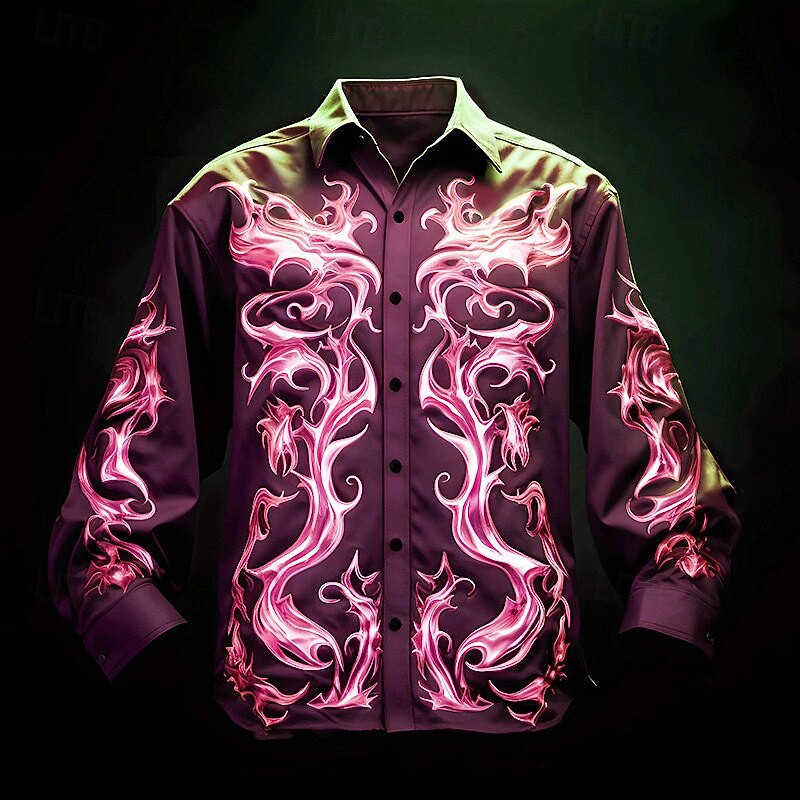 Men's Flame Shirt Button Up Shirt Long Sleeve Artistic Abstract Daily Wear Going out Fall & Winter Turndown Print Button-Down Purple Fuchsia Green4