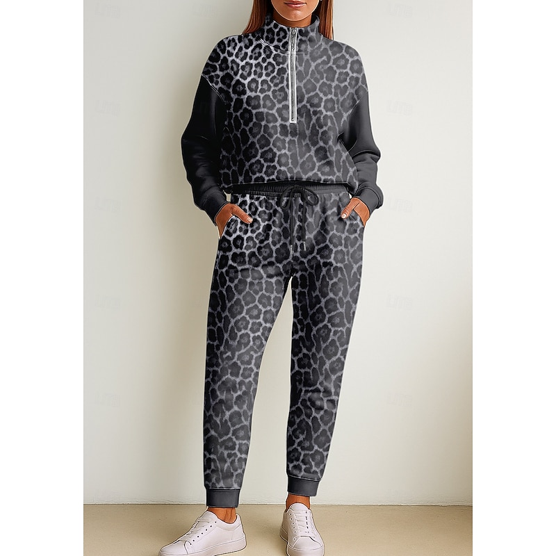 Women's Sweatshirt Tracksuit 2 Piece Tracksuit Baggy Leopard Clothing Suit Fall Dark Gray Vocation Outdoor Travel Lightweight Fashion Long Sleeve Sport Activewear Stretchy Regular Fit