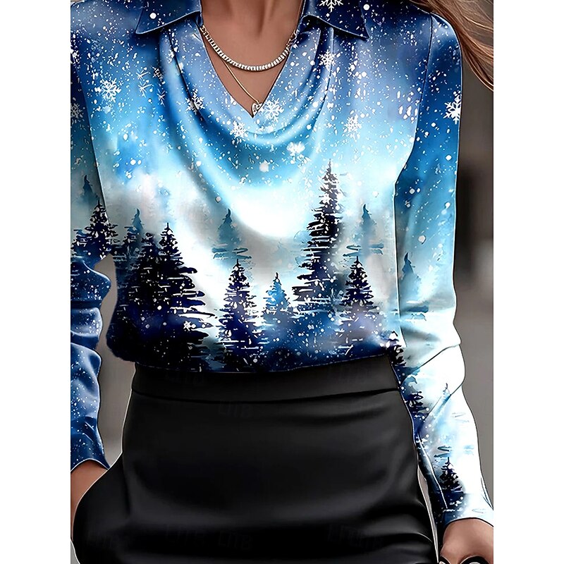 Christmas Women's Shirt Ombre Graphic Tree Elegant Stylish Basic Long Sleeve Cowl Neck V Neck Regular Tops Work Party Evening Wear Daily Ruched Draped Blue Fall Winter3