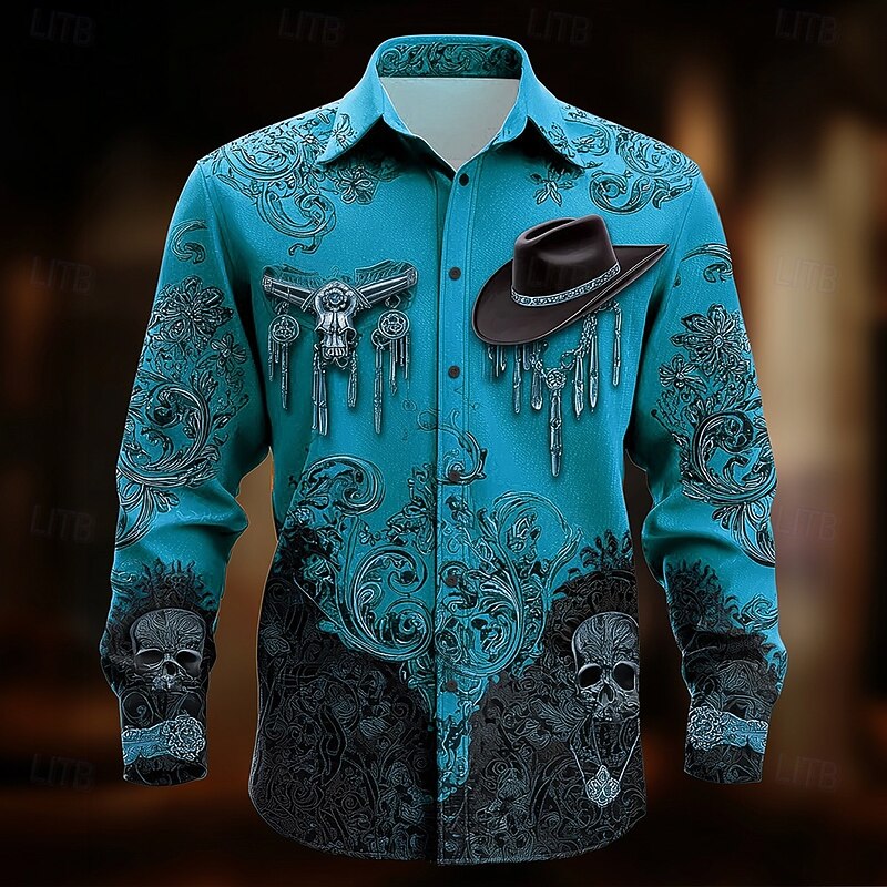 Men's Paisley Skull Cow Print Shirt Western Shirt Cowboy Shirt Long Sleeve Ethnic Vintage Retro Outdoor Vacation Spring Fall Turndown 3D Print Linen Like Shirt Blue Purple Orange Green Rose Red2