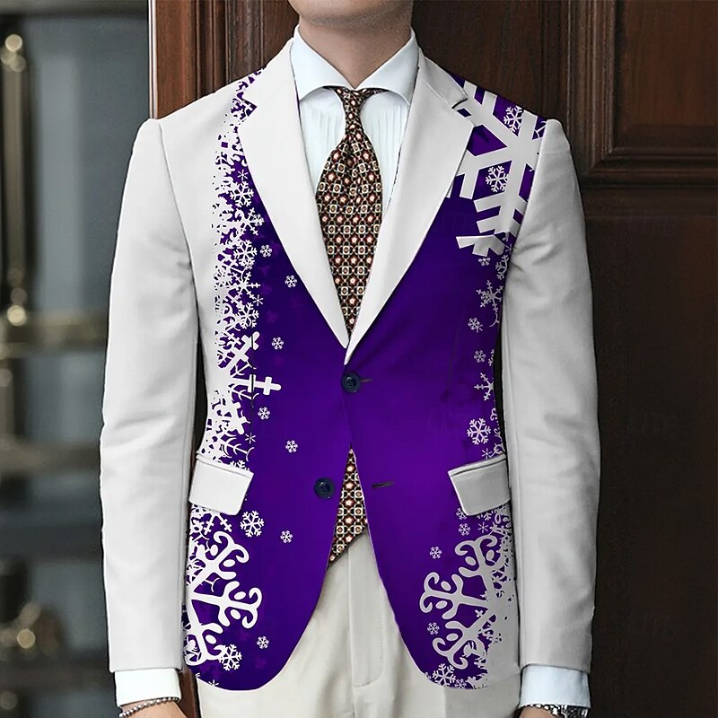 Men's Blazer Coat Christmas Outdoor Casual Casual Daily British Fall / Winter 100% Polyester Snowflake 3D Print Buttons Thermal Warm Comfortable Single Breasted Blazer Black Light Green Red Purple3