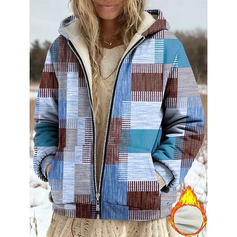 Women's Winter Coat Fleece Jacket Casual Jacket Warm Zipper Pocket Print Fashion Casual Geometric Street Casual Regular Hooded Regular Fit Long Sleeve Outerwear Yellow Blue Purple Spring Fall4