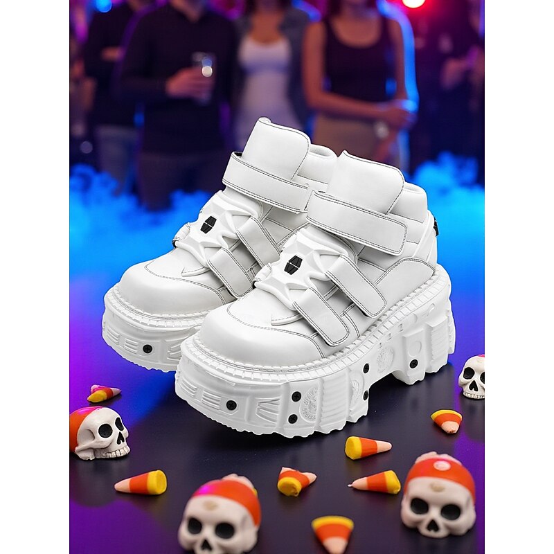 Women's White Platform Gothic Sneakers - Chunky Velcro High Top Shoes for Halloween Party, Cosplay and Nightlife Fashion