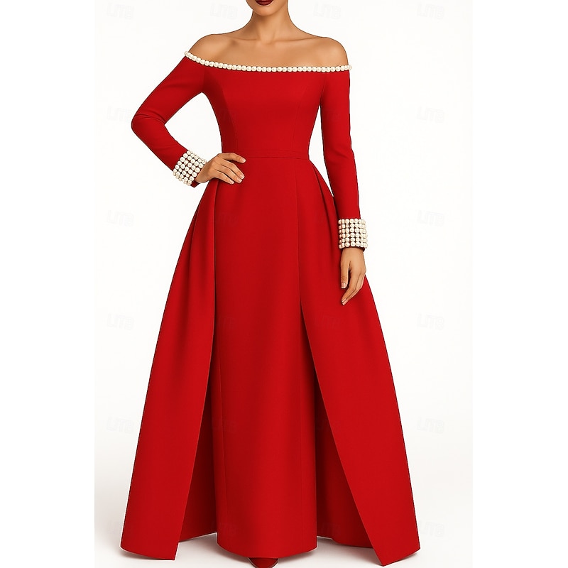 Black Tie A-Line Evening Gown Elegant Formal Dress Formal Wedding Floor Length Long Sleeve Off Shoulder Capes Satin with Pleats 20254