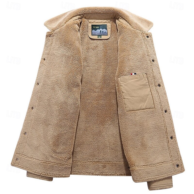 Men's Graphic Cross Bomber Jacket Sherpa Jacket Thermal Warm Vintage Casual Outdoor Home Multiple Pockets Cotton Jackets Winter Coats Fall Winter Fleece Turn-Down Collar Long Sleeve khaki3