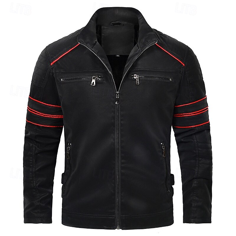 Men's Faux Leather Jacket Fleece Jacket Biker Jacket Motorcycle Jacket Vacation Daily Windproof Warm Patchwork Pocket Fall Winter Stripes Fashion Classic Stand Collar Regular Black Jacket2