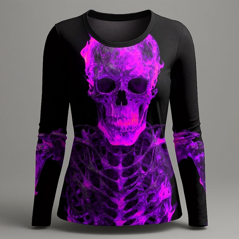 Halloween Women's T Shirt Graphic Skull Fashion Casual Long Sleeve Crew Neck Round Neck Regular Tops Daily Weekend Print Red Blue Purple Green Summer Spring Fall3
