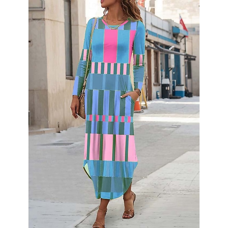 Women's Maxi Dress Sheath Dress T Shirt Dress Tee Dress Vacation Casual Boho Holiday Date Regular Fit Graphic Geometric Abstract Long Sleeve Crew Neck Yellow Blue Purple Orange Spring Fall Winter3