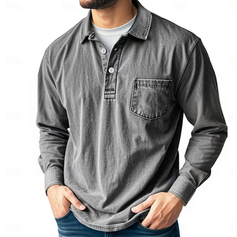 Men's Vintage Polo Shirts Golf Polos Shirts Street Business Classic Long Sleeve Vintage Basic Solid Color Pocket Fall Winter All-Seasons Regular Fit Pink Black Gray Blue Purple Khaki Polo Shirts4
