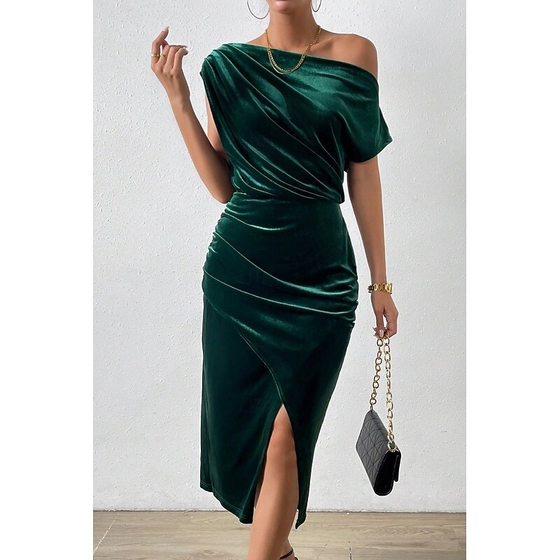 Women's Midi Dress Sheath Dress Bodycon Dress Off The Shoulder Dress Elegant Party Cocktail Outdoor Party Wedding Guest Regular Fit Solid Color Short Sleeve One Shoulder Black Wine Blue Purple Spring
