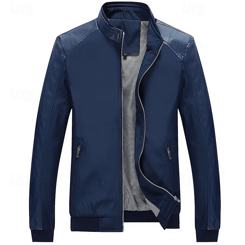 Men's Faux Leather Jacket Biker Jacket Motorcycle Jacket Vacation Daily Windproof Pocket Fall Winter Plain Fashion Classic Stand Collar Regular Wine Dark Blue Jacket