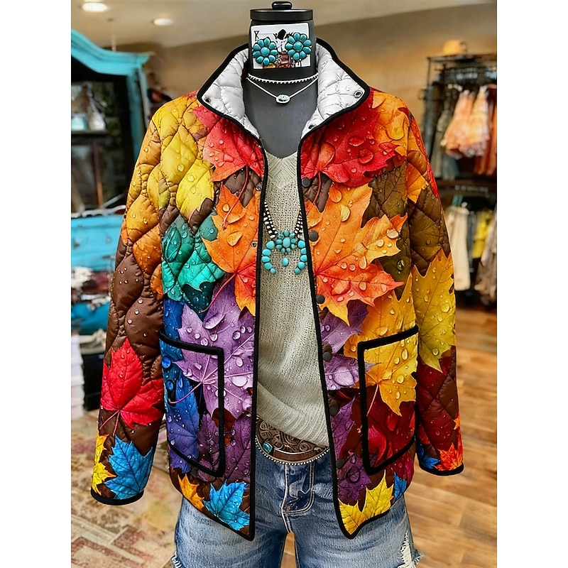 Women's Winter Jacket Quilted Jacket Warm Lightweight Buttons Print Active Vintage Artistic Casual Leaf Casual Regular Stand Collar Regular Fit Long Sleeve Outerwear Orange Fall Winter