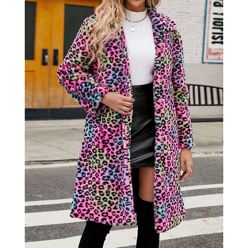 Women's Coat Faux Fur Coat Warm Comfortable Pocket Furs & Leathers Fashion Casual Leopard Vacation Street Casual Daily Wear Long Turndown Regular Fit Long Sleeve Outerwear Rose Red Fall Winter