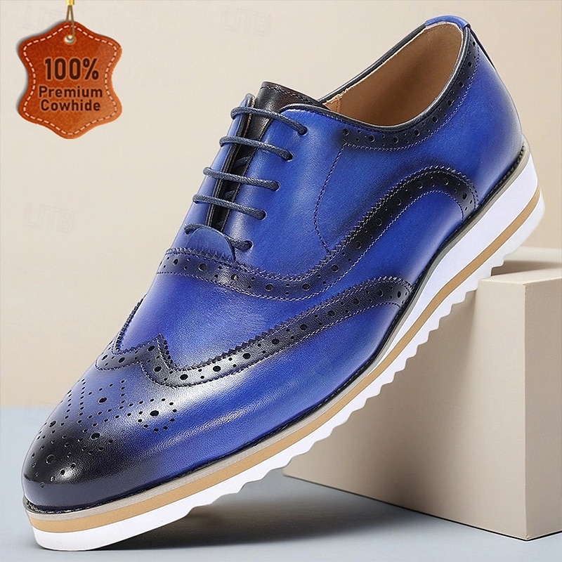 Men's Genuine Leather Blue Wingtip Brogue Oxford Shoes – Stylish Lace-Up Business Dress Shoes for Weddings, Parties and Daily Office Wear