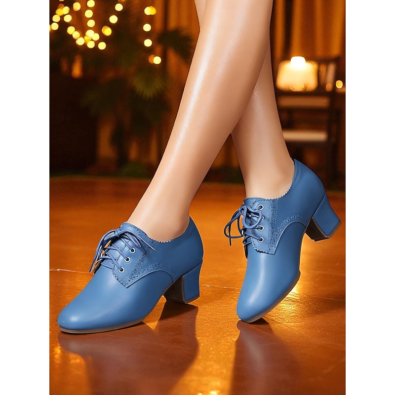 Women's Genuine Leather Blue Lace-Up Oxford Dance Shoes with Low Block Heel - Professional Ballroom & Latin Practice Footwear