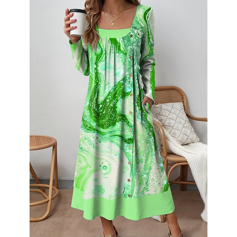 Women's Midi Dress Shift Dress Casual Daily Loose Fit Graphic Geometric Abstract Long Sleeve Square Neck Pink Blue Purple Green Spring Fall Winter4
