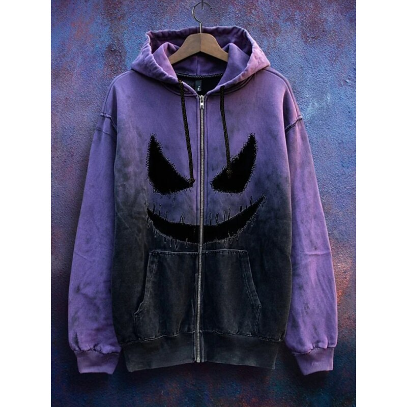 Women's Zip Up Hoodies Graphic Skull Pumpkin Punk Fashion Retro Long Sleeve Hooded Regular Tops Street Dailywear Casual Patchwork Zipper Pocket Purple Fall Winter