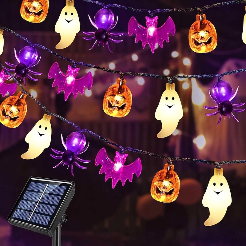 Solar Halloween String Lights Outdoor Pumpkin Bat Ghost Spider Light 6.5 Meters 30 Lights 8 Modes Waterproof Courtyard Garden Balcony Railing Porch Halloween Decoration