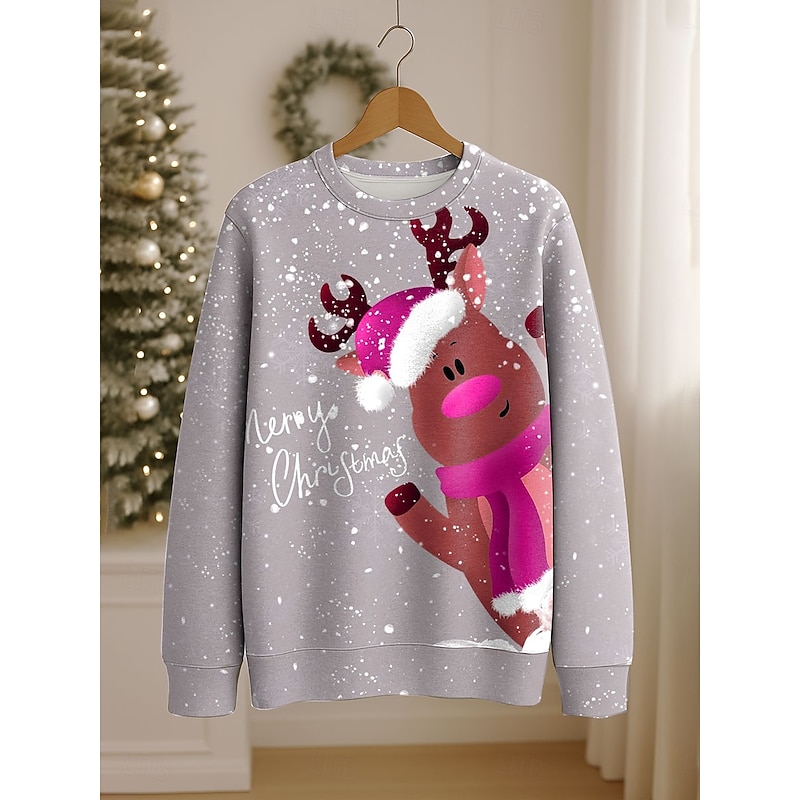 Women's Pullover Sweatshirt Graphic Reindeer Casual Long Sleeve Crew Neck Round Neck Regular Tops Street Casual Holiday Print Pink Red Blue Orange Spring Fall Winter4
