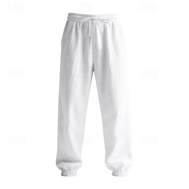 Men's Linen Pants Trousers Summer Pants Beach Pants Drawstring Pocket Elastic Waist Plain Comfort Breathable Vacation Daily Holiday Hawaiian Boho White2