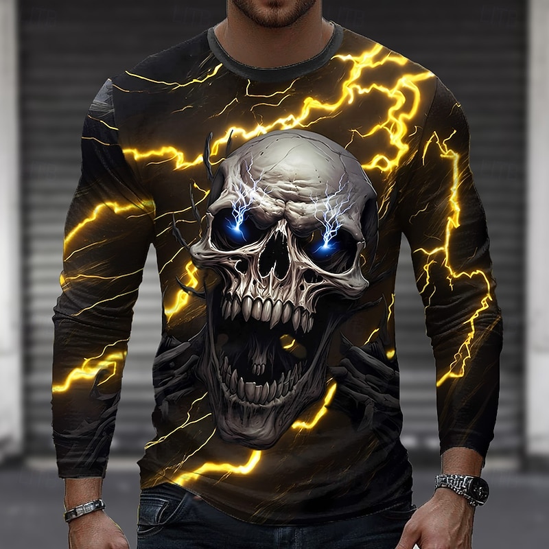 Halloween Men's Skull Lightning T Shirt Long Sleeve T shirt 3D Print Crew Neck Shirt Fashion Exaggerated Street Casual Daily Yellow Blue Green Summer Spring Fall Clothing Apparel S M L XL XXL XXXL