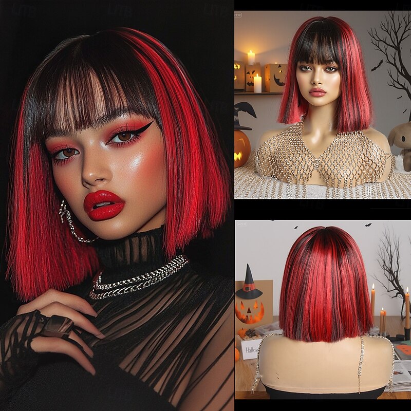 Synthetic Wig Straight Natural Straight Middle Part Neat Bang Wig 12 inch Black / Red Synthetic Hair 12 inch Women's Soft Comfy Mixed Color