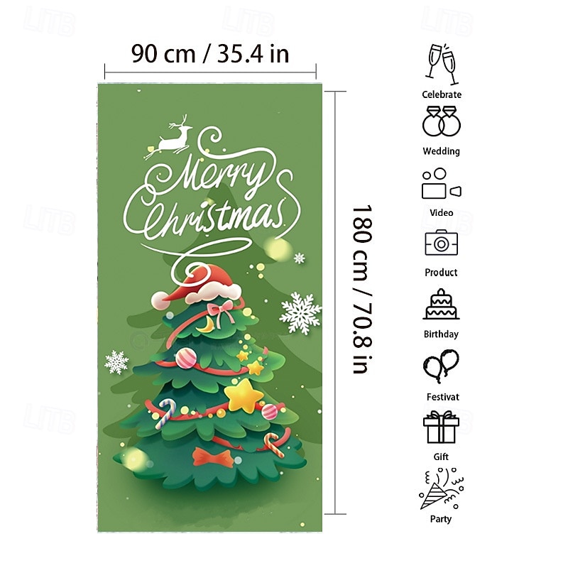 Green Christmas Tree Door Cover, Festive Holiday Backdrop Tapestry Wall Hanging for Family Gathering and Home Decoration2