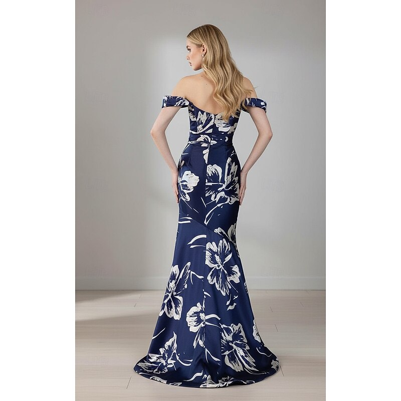 Floral Print Mermaid / Trumpet Evening Gown with Detachable Sleeve Elegant Formal Dress Formal Wedding Floor Length Sleeveless Off Shoulder Stretch Satin with Pleats 20253
