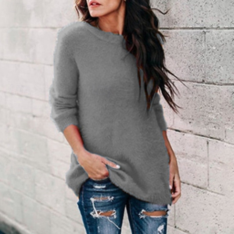 Women's Sweater Pullover Streetwear Casual Pure Color Ribbed Crew Neck Knitted Long Sleeve Regular Tops Knit Outdoor Daily Weekend Blue Dark Gray Fall Winter2