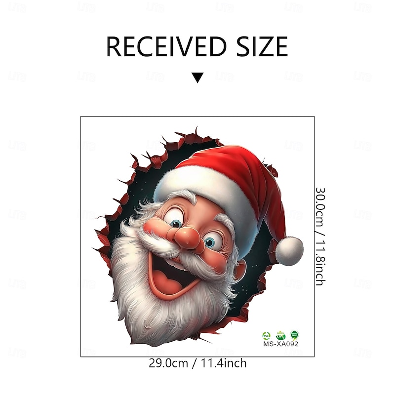 Christmas Sticker Wall Decals 3D Cartoon Creative Broken Wall Santa Claus Toilet Lid Removable Self Adhesive Vinyl Mural Bathroom Wall Decoration Holiday Party Fun Home Decor3