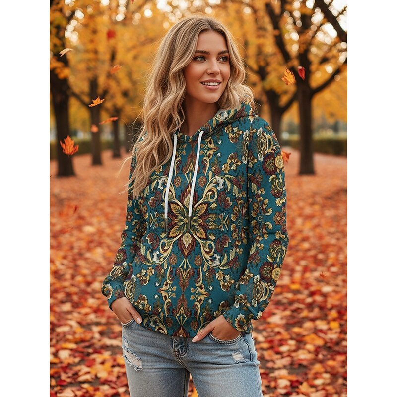 Women's Pullover Hoodies Floral Vintage Streetwear Long Sleeve Hooded Regular Tops Dailywear Casual Drawstring Print Navy Blue Green Spring Fall4