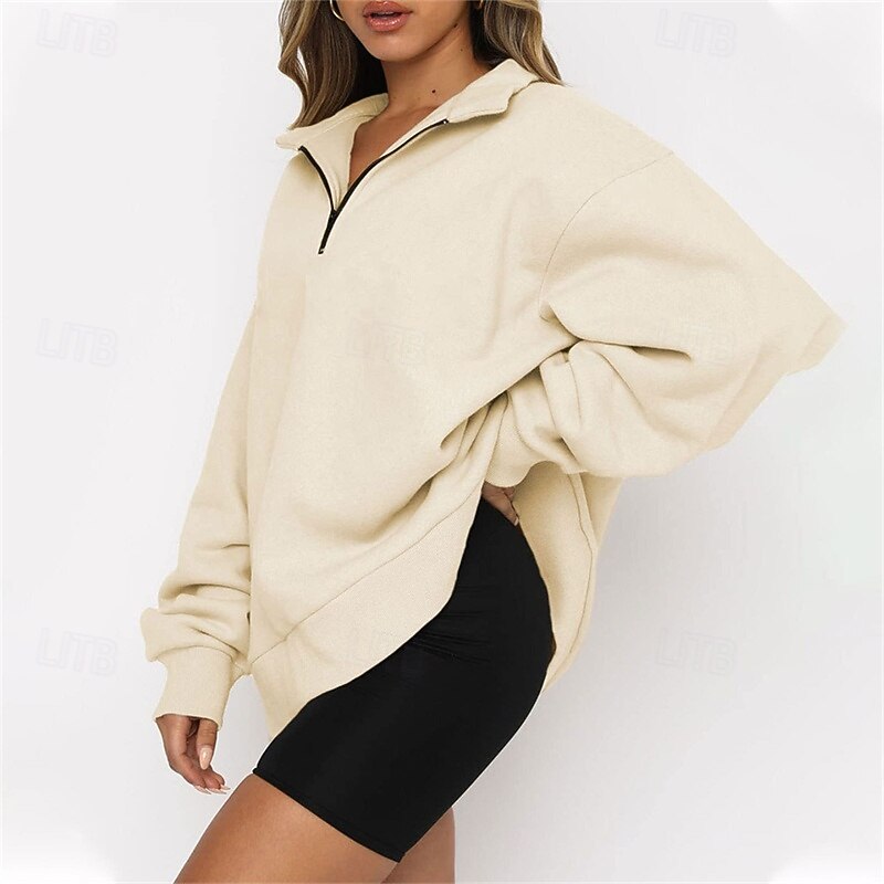 Women's Pullover Sweatshirts Zip Up Sweatshirts Plain Sports Fashion Casual Long Sleeve High Neck Regular Tops Street Dailywear Going out Half Zipper Quarter Zipper Zipper Khaki Fall Winter2