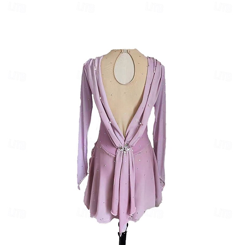 Figure Skating Dress Women's Girls' Ice Skating Dress Light Purple Patchwork Thumbhole Spandex High Elasticity Training Professional Competition Skating Wear Classic Crystal / Rhinestone Long Sleeve2