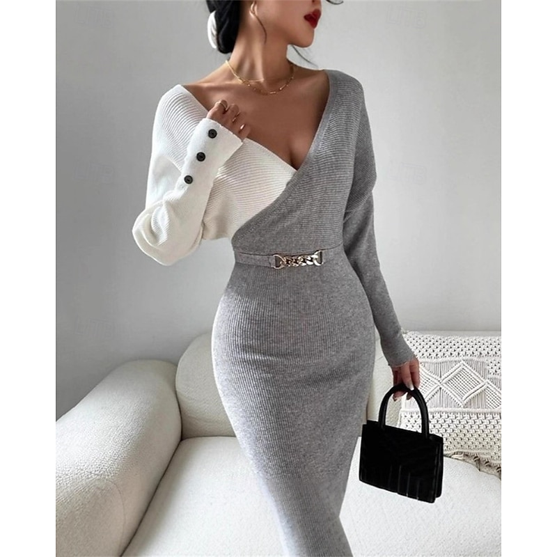 Women's Midi Dress Sweater Dress Casual Dress Bodycon Elegant Fashion Modern Daily Date Weekend Regular Fit Color Block Long Sleeve Deep V Black Apricot Gray Fall Winter