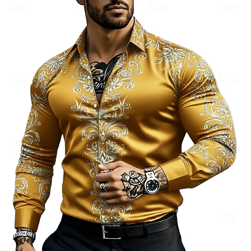 Men's Ethnic Intricate Floral Flowers Shirt Satin Shirt Dress Shirt Long Sleeve Vintage Retro Vacation Dailywear Summer Spring Fall Turndown 3D Print Button Up Shirts Blue Gold Green3