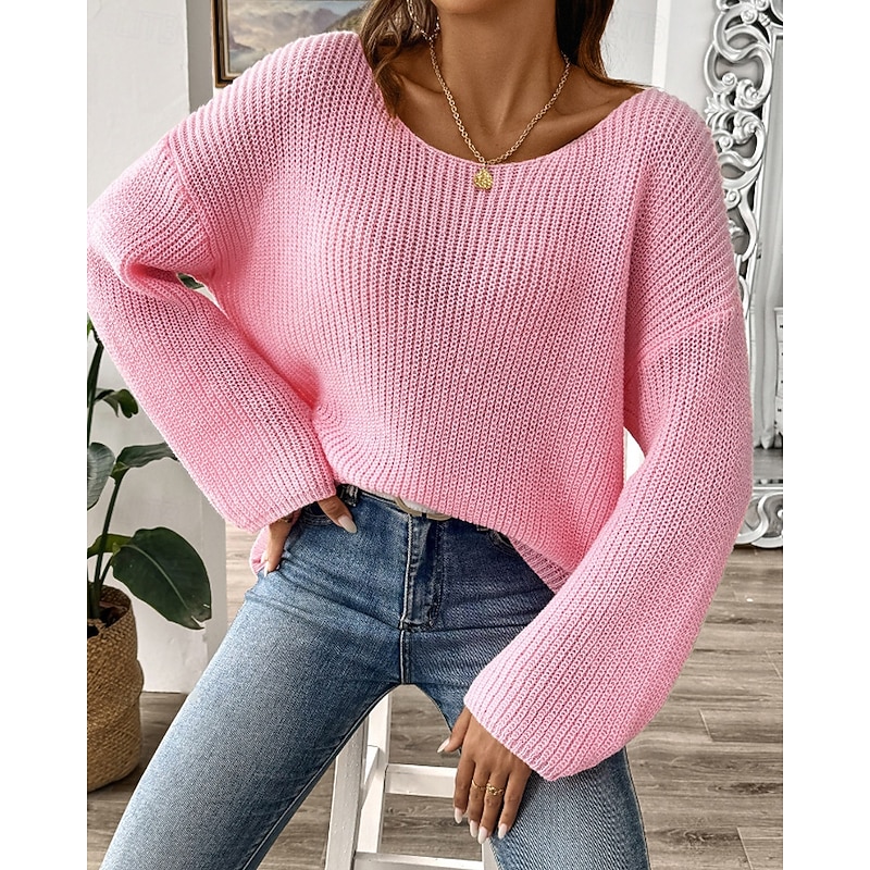 Women's Sweater Pullover Streetwear Casual Solid Color Crew Neck Knitted Long Sleeve Regular Tops Knit Daily Going out Weekend Black White Spring Fall