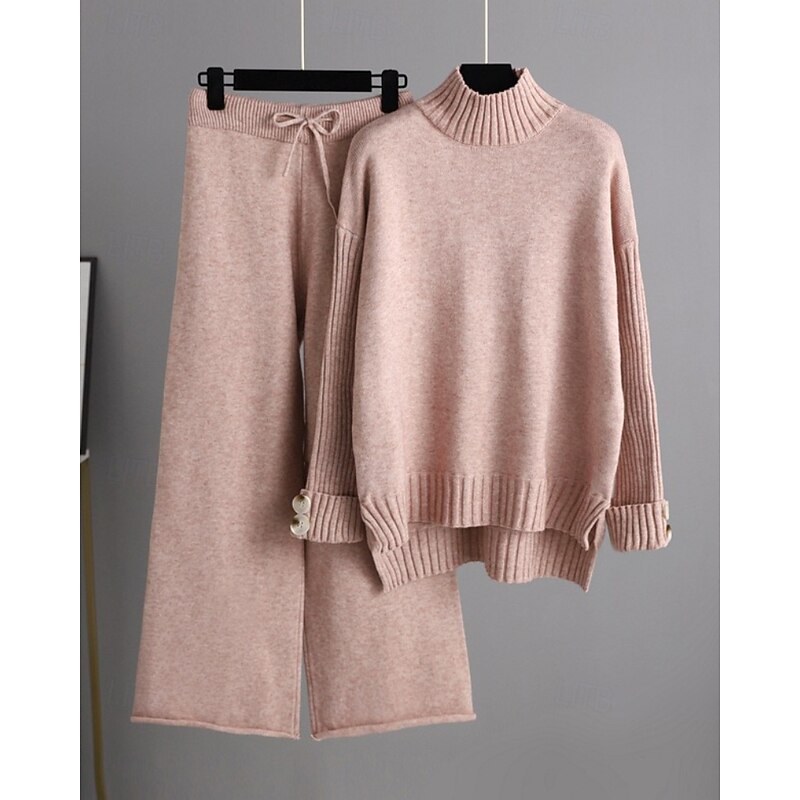 Women's Sweater Sweater Co-ords Pullover Streetwear Casual Solid Color Mock Neck Knitted Asymmetric Hem Long Sleeve Regular Tops Knit Daily Holiday Weekend Black Pink Fall Winter4