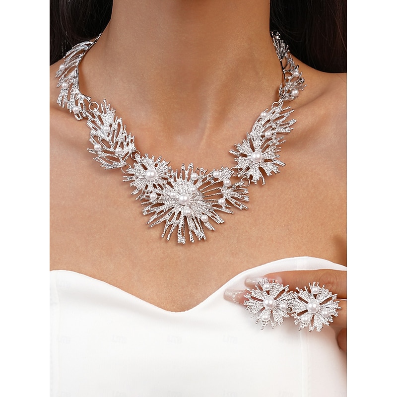 Women's Silver Pearl Statement Necklace and Earrings - Sparkling Party Jewelry for Evening, Cocktail and Special Occasions2