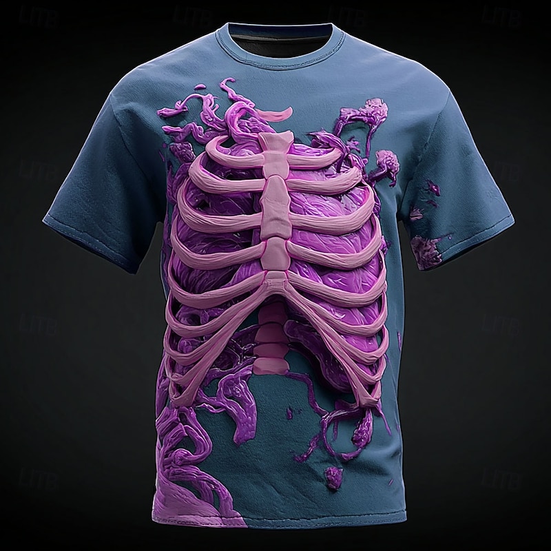 Halloween Men's Optical Illusion 3D Skeleton T Shirt Short Sleeve T shirt 3D Print Crew Neck Shirt Exaggerated Designer Horror Party Street Holiday Blue Purple Brown Summer Spring All Seasons4