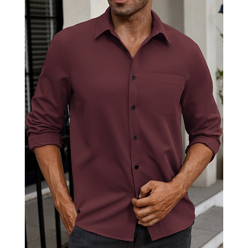 Men's Shirt Summer Shirt Casual Shirt Beach Shirt Button Up Shirt White Wine Army Green Long Sleeve Plain Lapel Vacation Hawaiian Clothing Apparel Polyester Fashion Casual Comfortable2