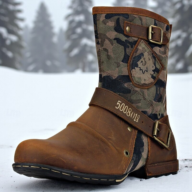 Men's Camouflage Leather Mid-Calf Boots with Buckle Straps, Military Tactical Style Outdoor Work Shoes