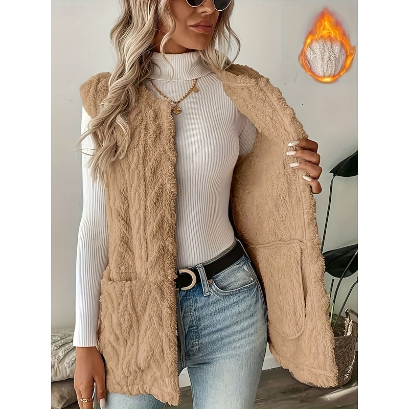 Women's Fleece Vest Comfortable Breathable Pocket Open Front Casual Plain Vacation Street Casual Daily Wear Open Front Long Crewneck Regular Fit Sleeveless Outerwear Black Brown Apricot Spring Fall