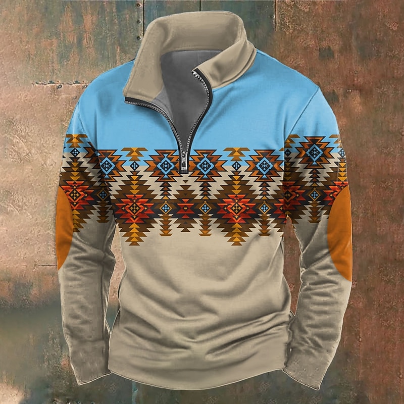 Men's Bandana Print Sweatshirt Ethnic Vintage Retro High Neck Outdoor Sports Outdoor Blue Khaki Zipper Quarter Zip Fall Winter Designer3