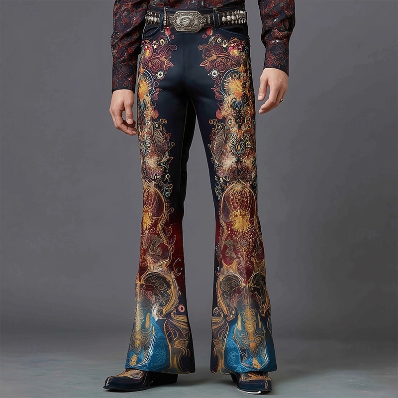 Men's Geometric Ethnic Intricate Floral Disco Pants 60s 70s Bell Bottoms Mid Waist Western Vintage Retro Outdoor Vacation Side Pockets Flared Leg Pants Trousers Spring Fall 3D Print Dark Blue#1 Dark2